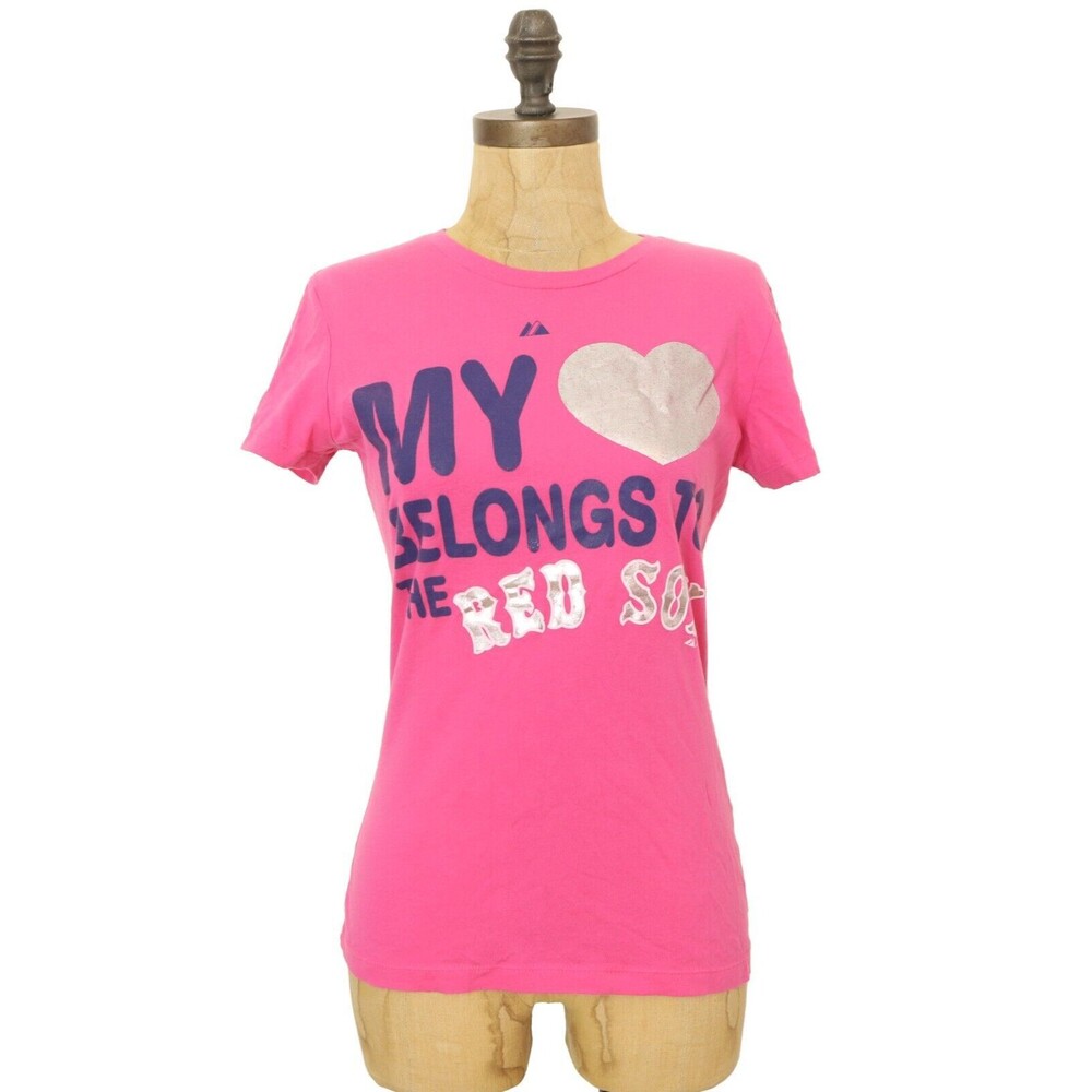 MAJESTIC My Heart Belongs To The Red Sox T-Shirt Size S Hot Pink Crew Fitted B54